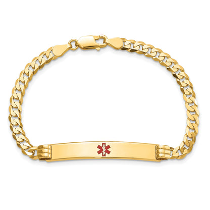 14K Medical Solid Chain/Solid Plate 37x6mm Centered Red Enamel Curb Link 8 inch ID Bracelet