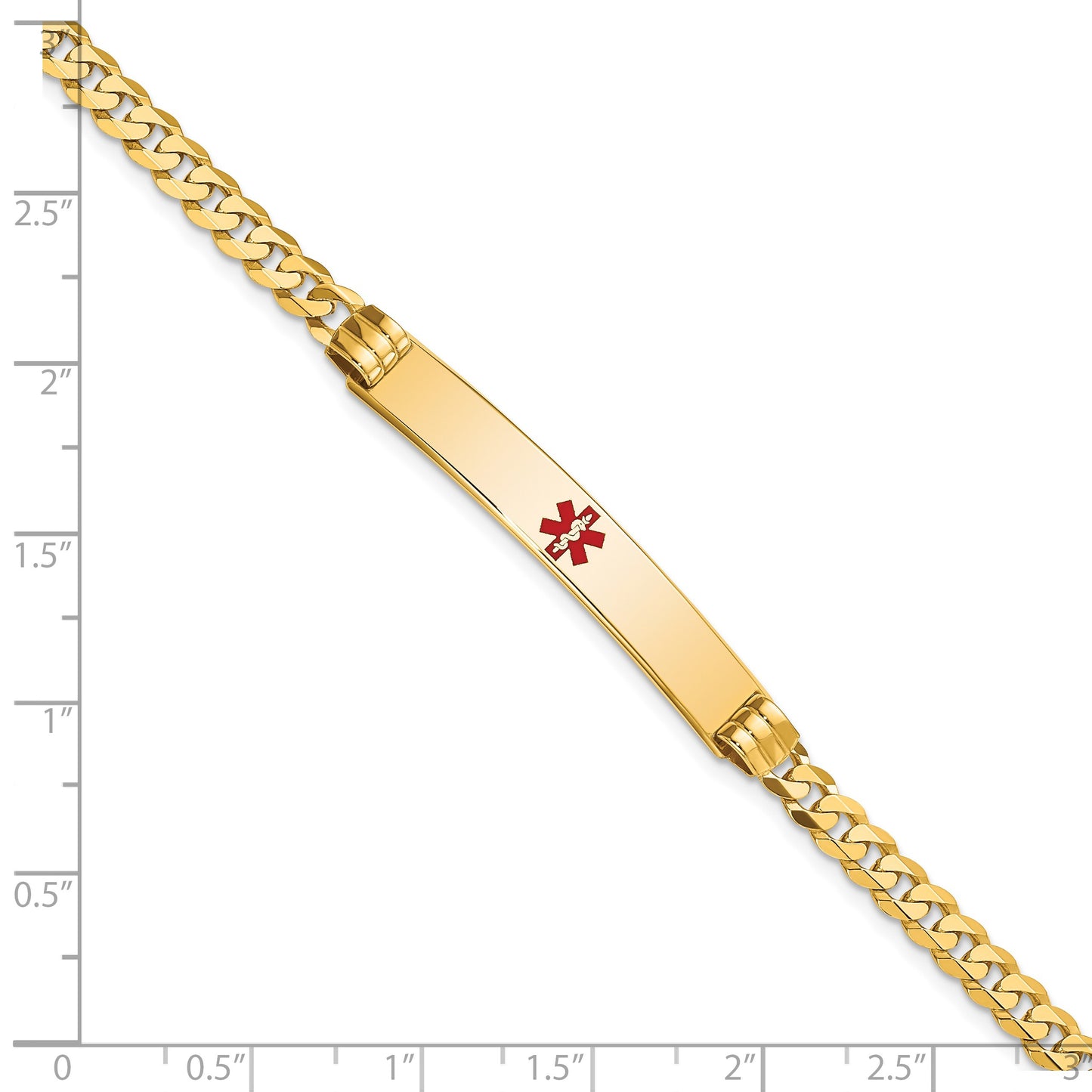 14K Medical Solid Chain/Solid Plate 37x6mm Centered Red Enamel Curb Link 8 inch ID Bracelet