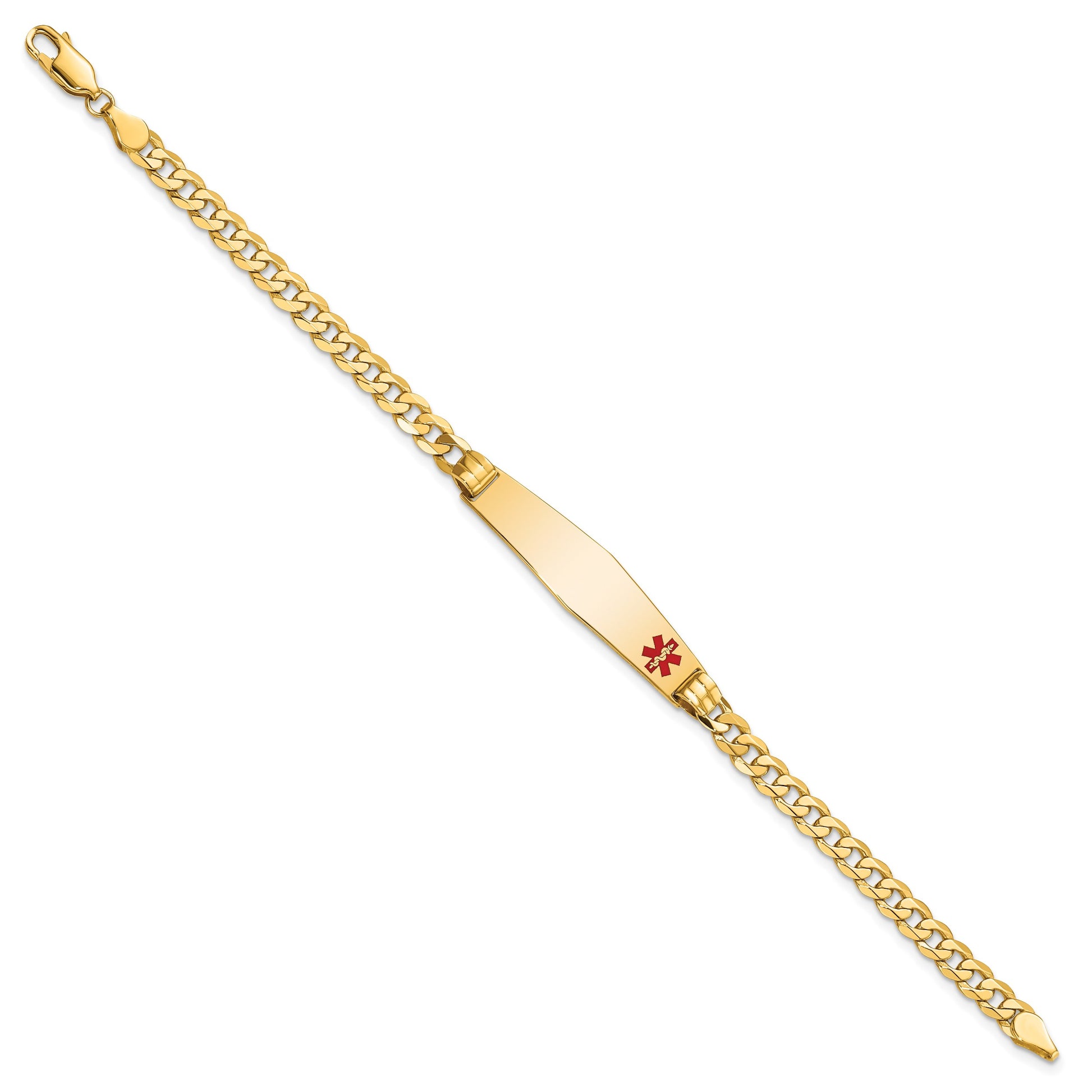 14K Medical Solid Chain/Solid Plate Soft Diamond Shape 36x9mm Off-Center Red Enamel Curb Link 8 inch ID Bracelet