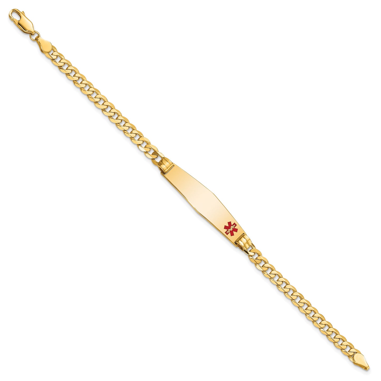 14K Medical Solid Chain/Solid Plate Soft Diamond Shape 36x9mm Off-Center Red Enamel Curb Link 7 inch ID Bracelet