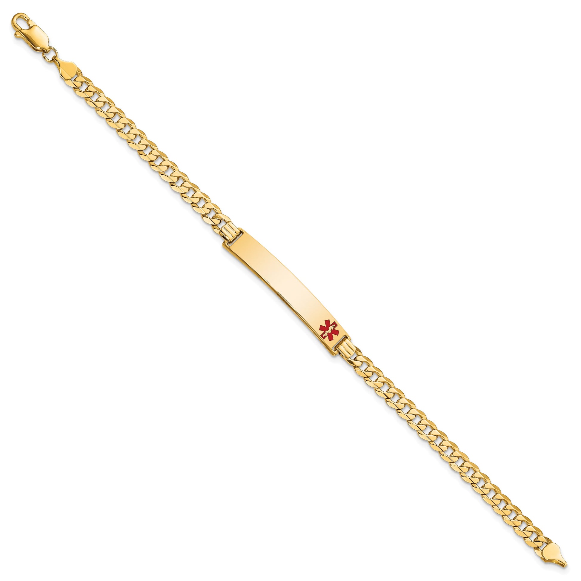14K Medical Solid Chain/Solid Plate 37x6mm Off-Center Red Enamel Curb Link 7 inch ID Bracelet