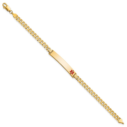 14K Medical Solid Chain/Solid Plate 37x6mm Off-Center Red Enamel Curb Link 7 inch ID Bracelet
