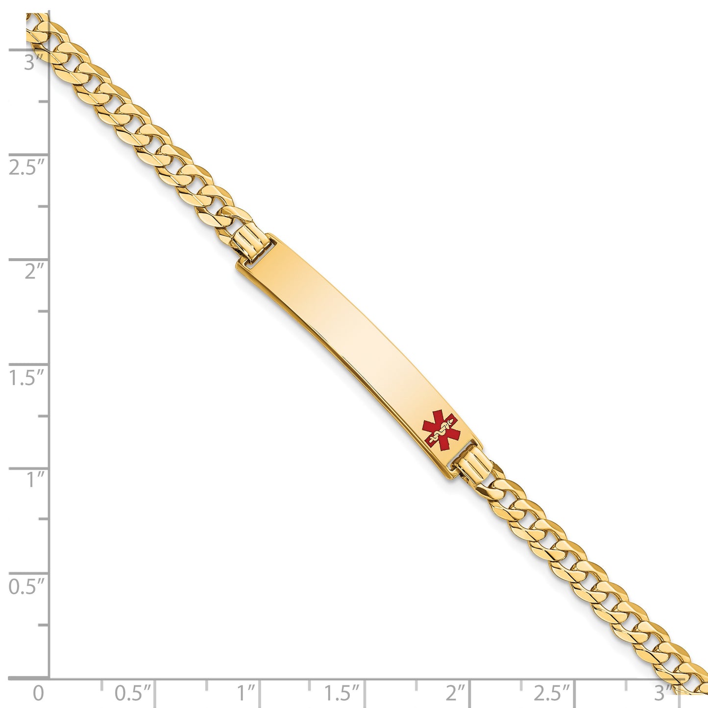 14K Medical Solid Chain/Solid Plate 37x6mm Off-Center Red Enamel Curb Link 8 inch ID Bracelet