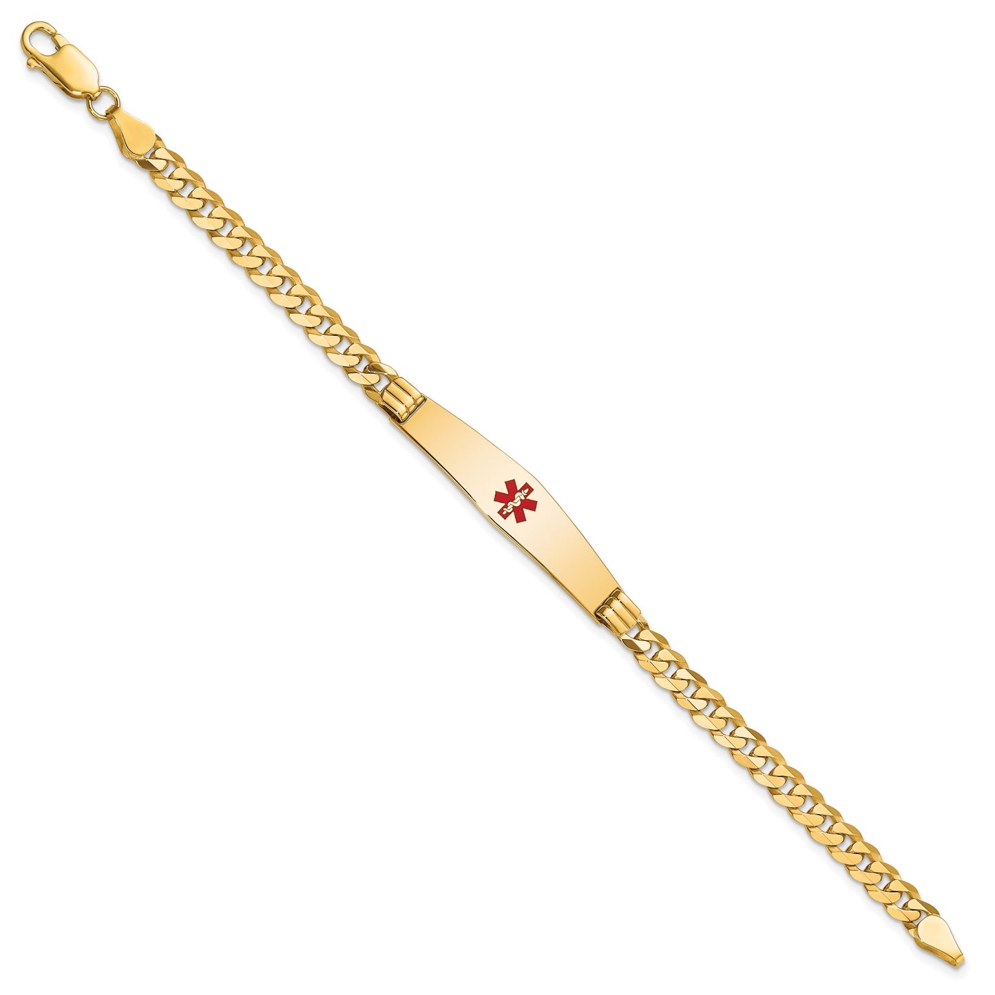 14K Medical Solid Chain/Solid Plate Soft Diamond Shape 36x9mm Centered Red Enamel Curb Link 7 inch ID Bracelet