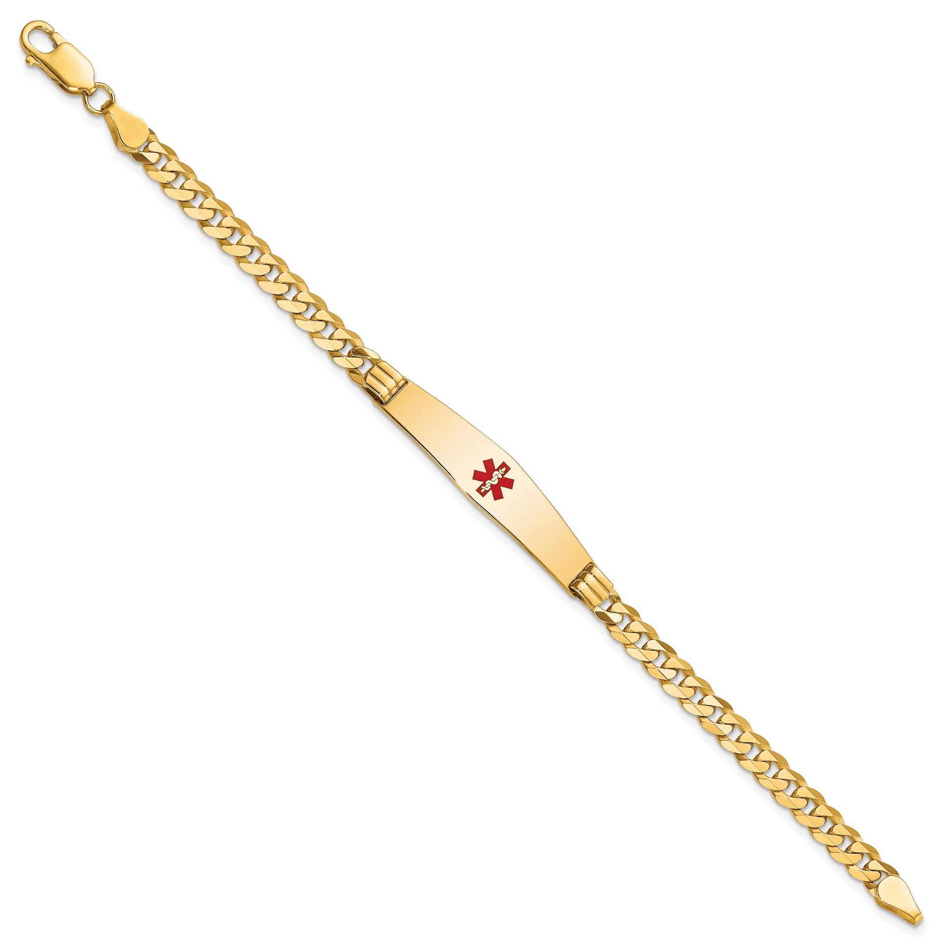 14K Medical Solid Chain/Solid Plate Soft Diamond Shape 36x9mm Centered Red Enamel Curb Link 7 inch ID Bracelet