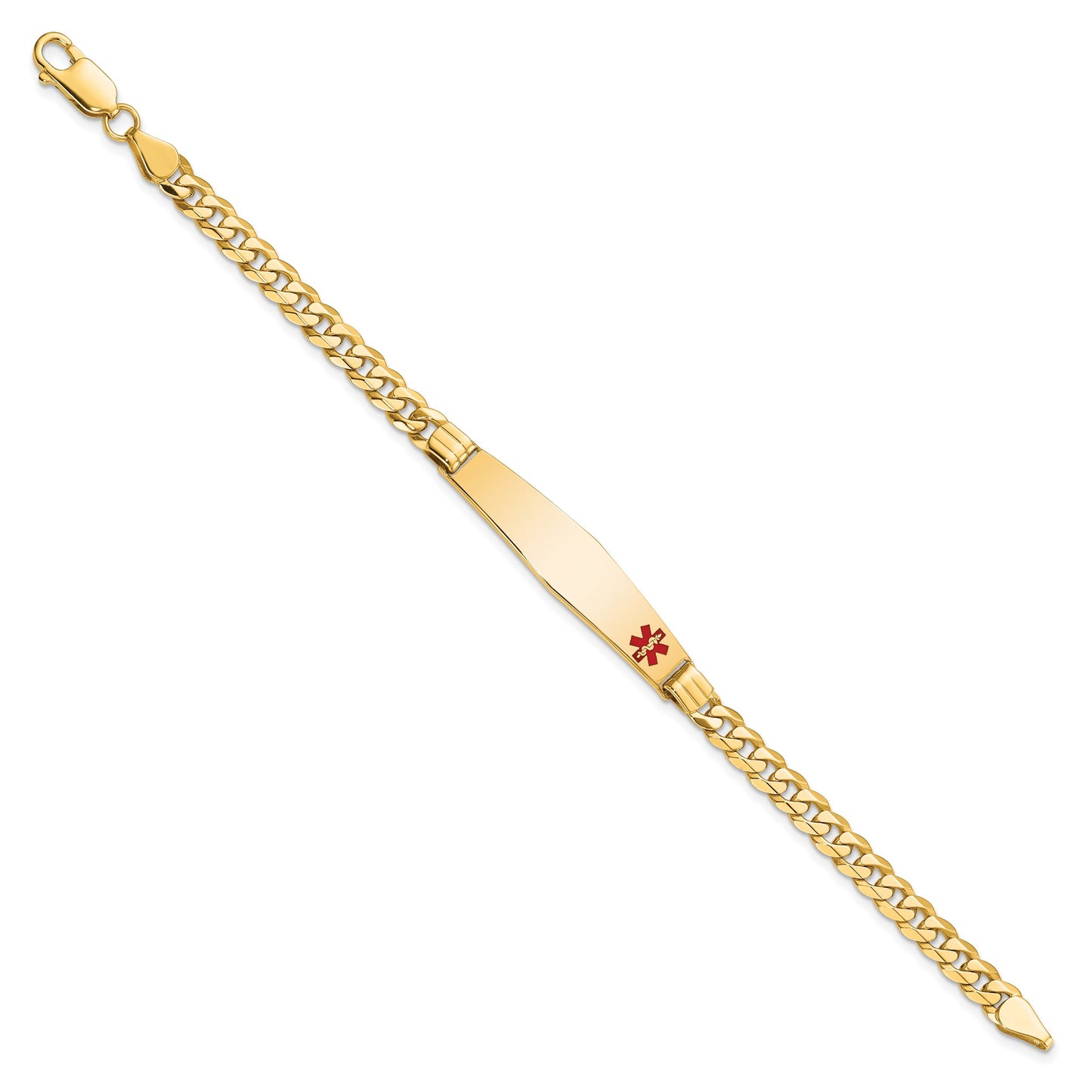 14K Medical Solid Chain/Solid Plate Soft Diamond Shape 36x9mm Off-Center Red Enamel Curb Link 8 inch ID Bracelet