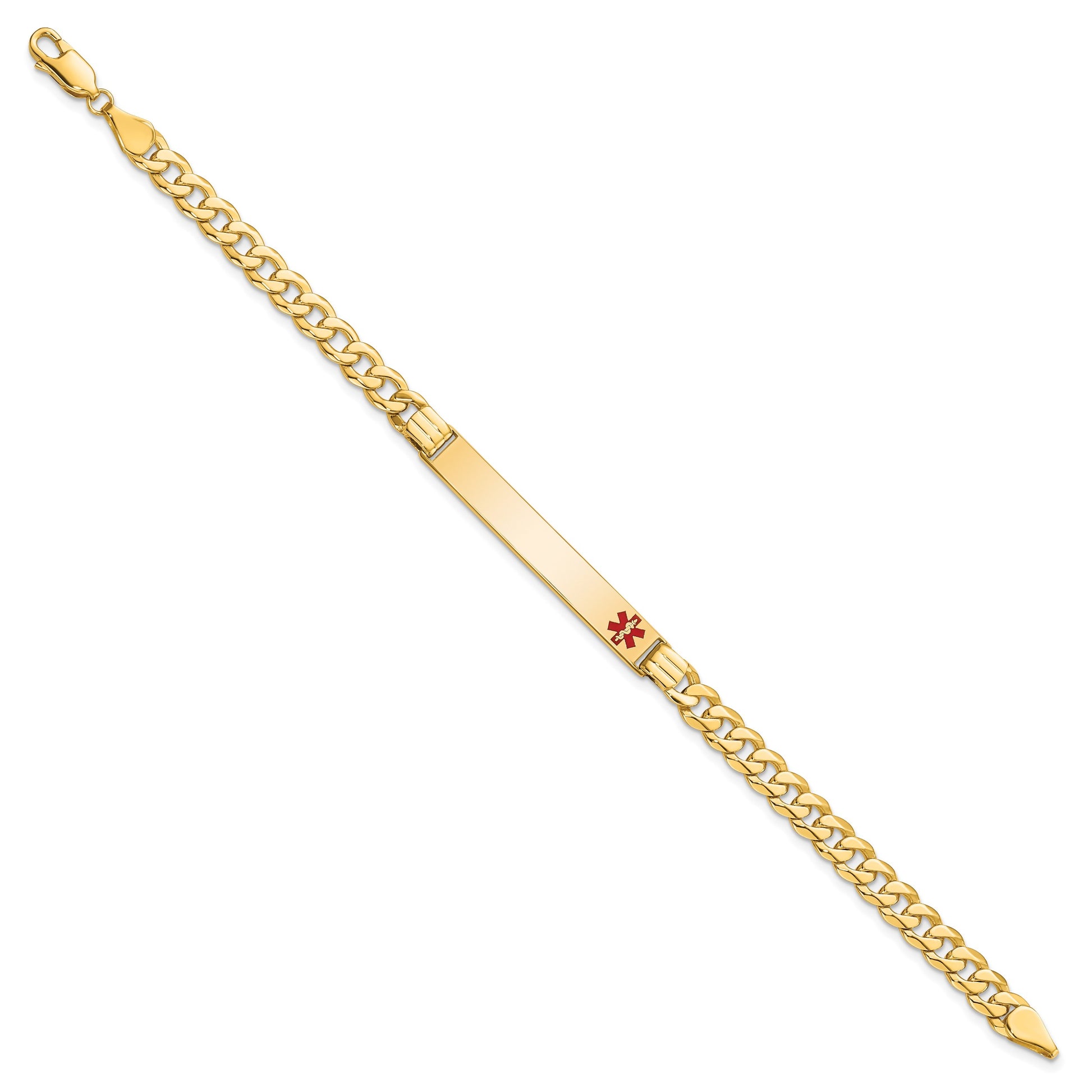 14K Medical Solid Chain/Solid Plate 37x6mm Off-Center Red Enamel Curb Link 8 inch ID Bracelet