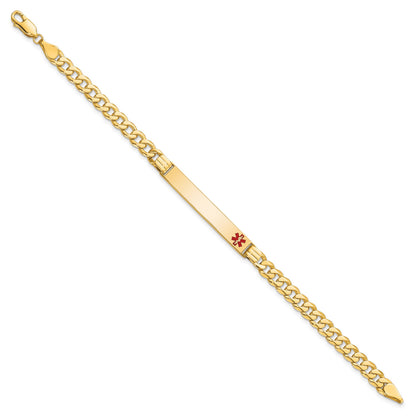 14K Medical Solid Chain/Solid Plate 37x6mm Off-Center Red Enamel Curb Link 8 inch ID Bracelet