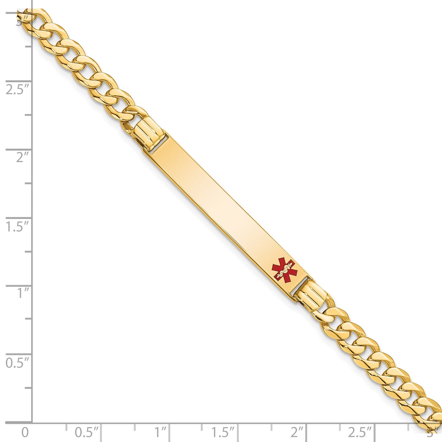14K Medical Solid Chain/Solid Plate 37x6mm Off-Center Red Enamel Curb Link 8 inch ID Bracelet