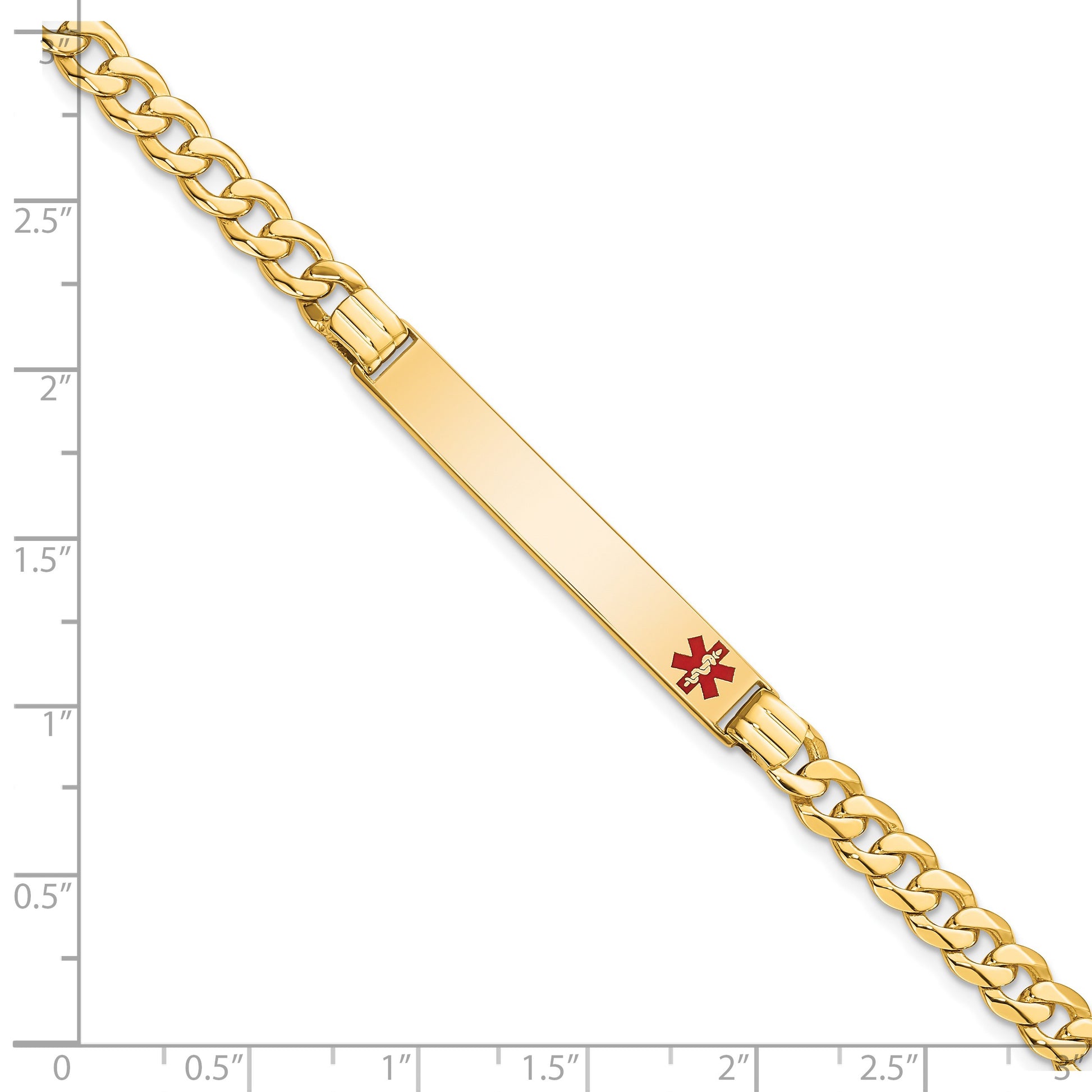 14K Medical Solid Chain/Solid Plate 37x6mm Off-Center Red Enamel Curb Link 8 inch ID Bracelet