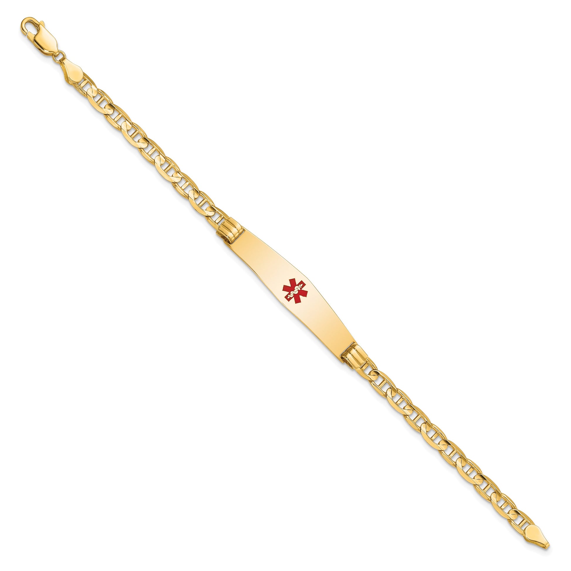 14K Medical Solid Chain/Solid Plate Soft Diamond Shape 36x9mm Centered Red Enamel Anchor Link 7 inch ID Bracelet