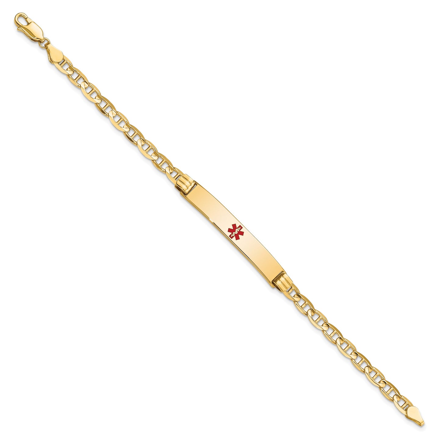 14K Medical Solid Chain/Solid Plate 37x6mm Centered Red Enamel Anchor Link 8 inch ID Bracelet