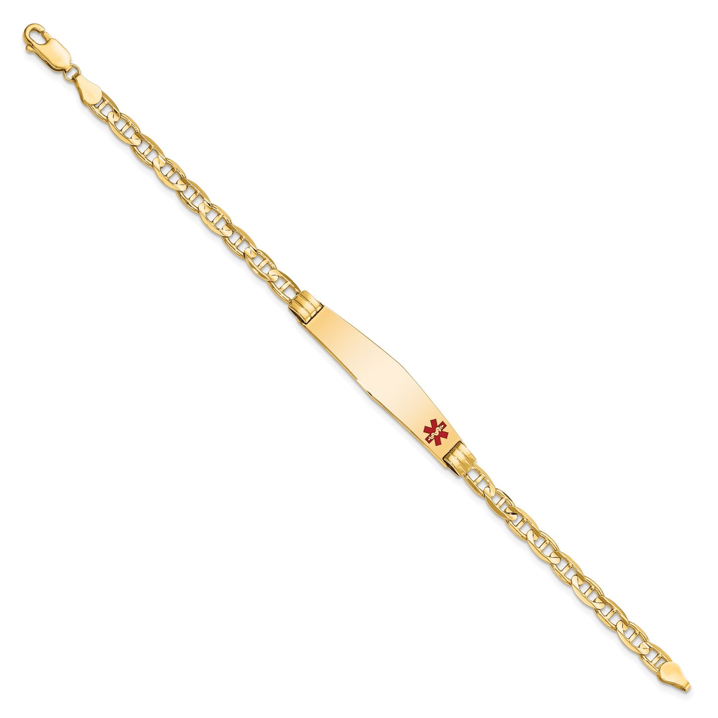 14K Medical Solid Chain/Solid Plate Soft Diamond Shape 36x9mm Off-Center Red Enamel Anchor Link 8 inch ID Bracelet
