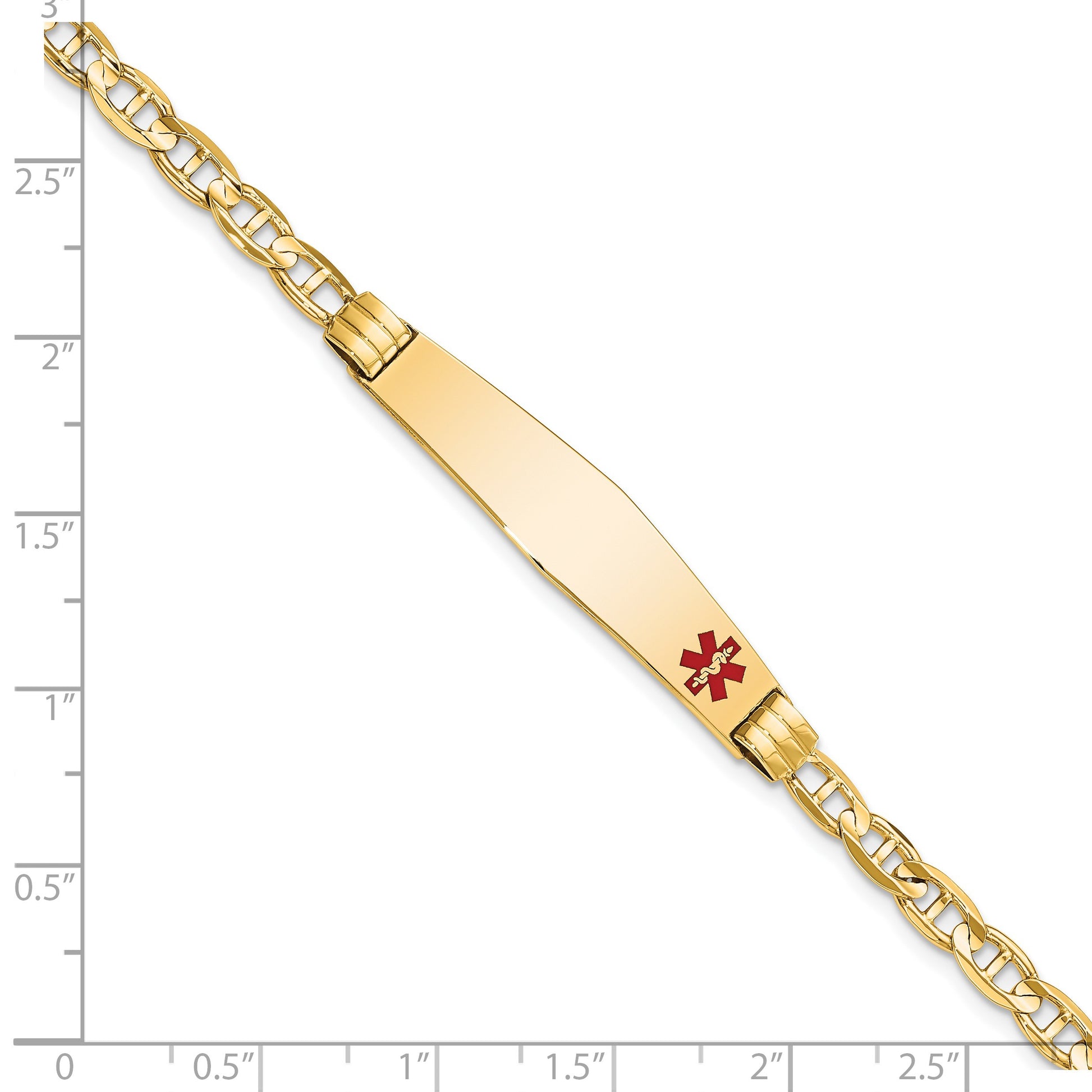 14K Medical Solid Chain/Solid Plate Soft Diamond Shape 36x9mm Off-Center Red Enamel Anchor Link 8 inch ID Bracelet