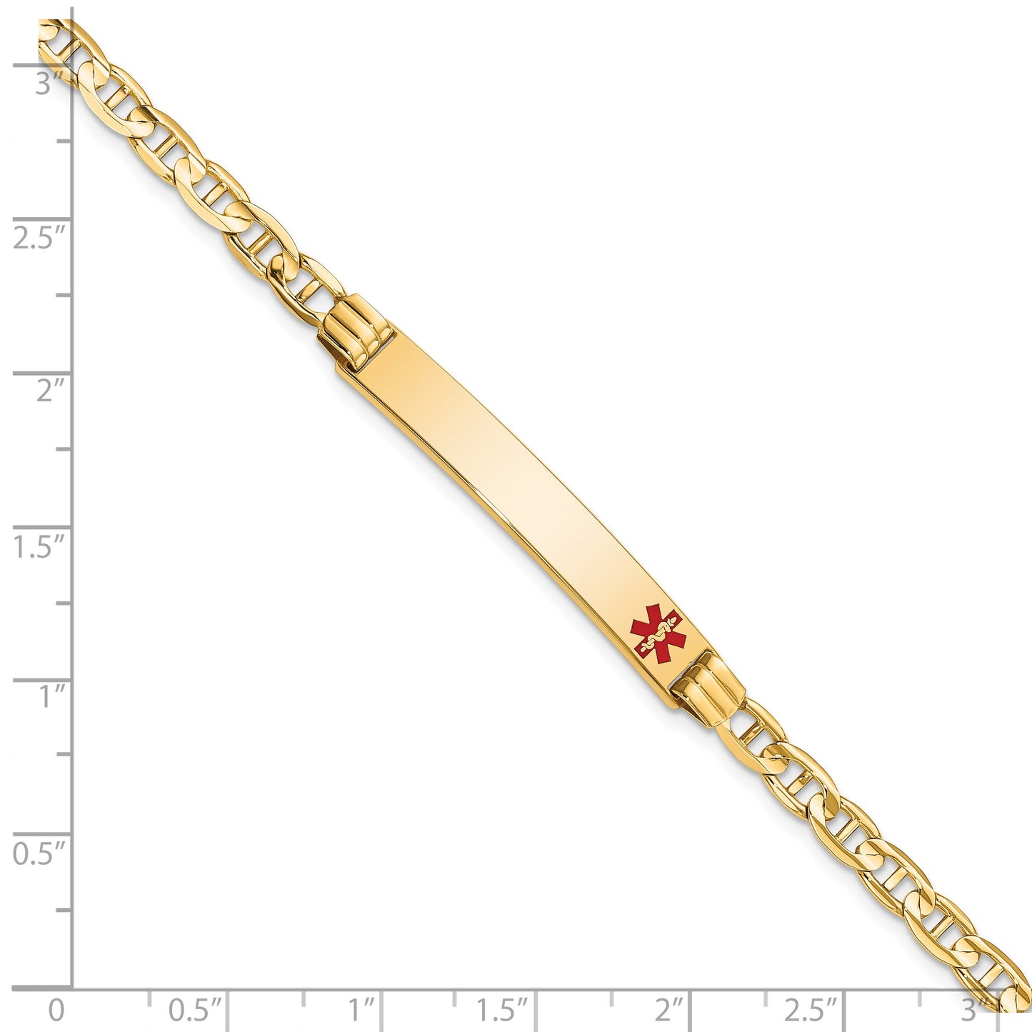 14K Medical Solid Chain/Solid Plate 37x6mm Off-Center Red Enamel Anchor Link 7 inch ID Bracelet