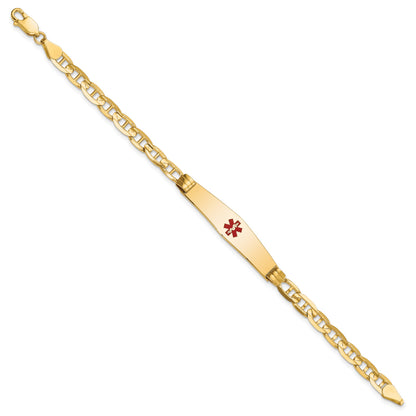14K Medical Solid Chain/Solid Plate Soft Diamond Shape 36x9mm Centered Red Enamel Anchor Link 8 inch ID Bracelet
