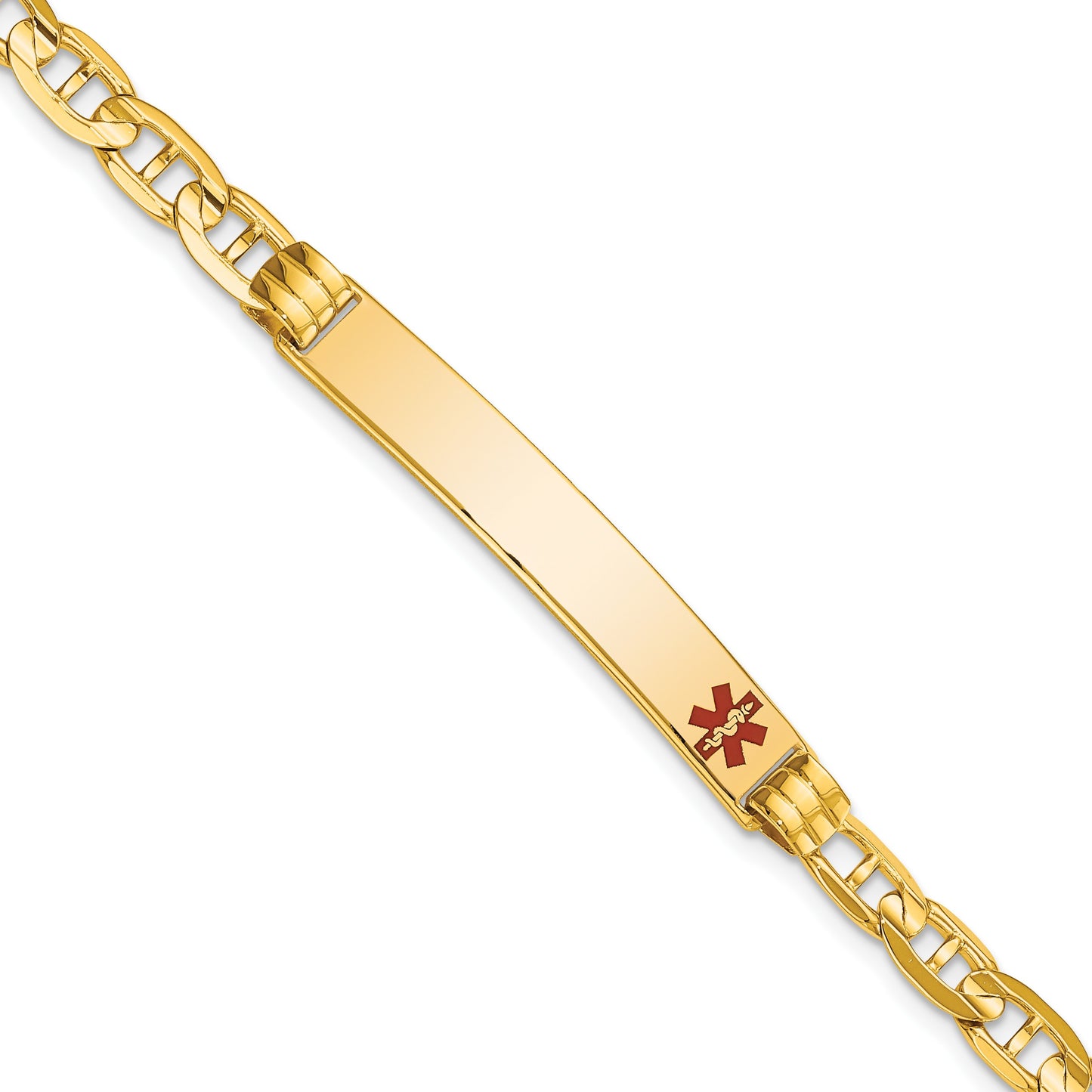 14K Medical Solid Chain/Solid Plate 37x6mm Off-Center Red Enamel Anchor Link 7 inch ID Bracelet