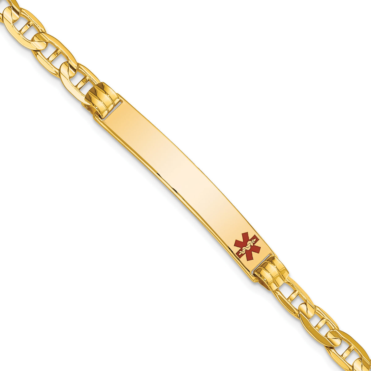 14K Medical Solid Chain/Solid Plate 37x6mm Off-Center Red Enamel Anchor Link 8 inch ID Bracelet