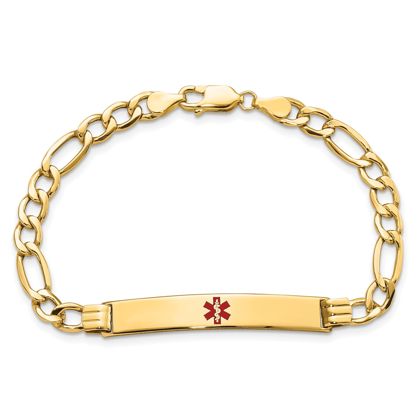 14K Medical Semi-Solid Chain/Solid Plate 37x6mm Centered Red Enamel Figaro Link 8 inch ID Bracelet