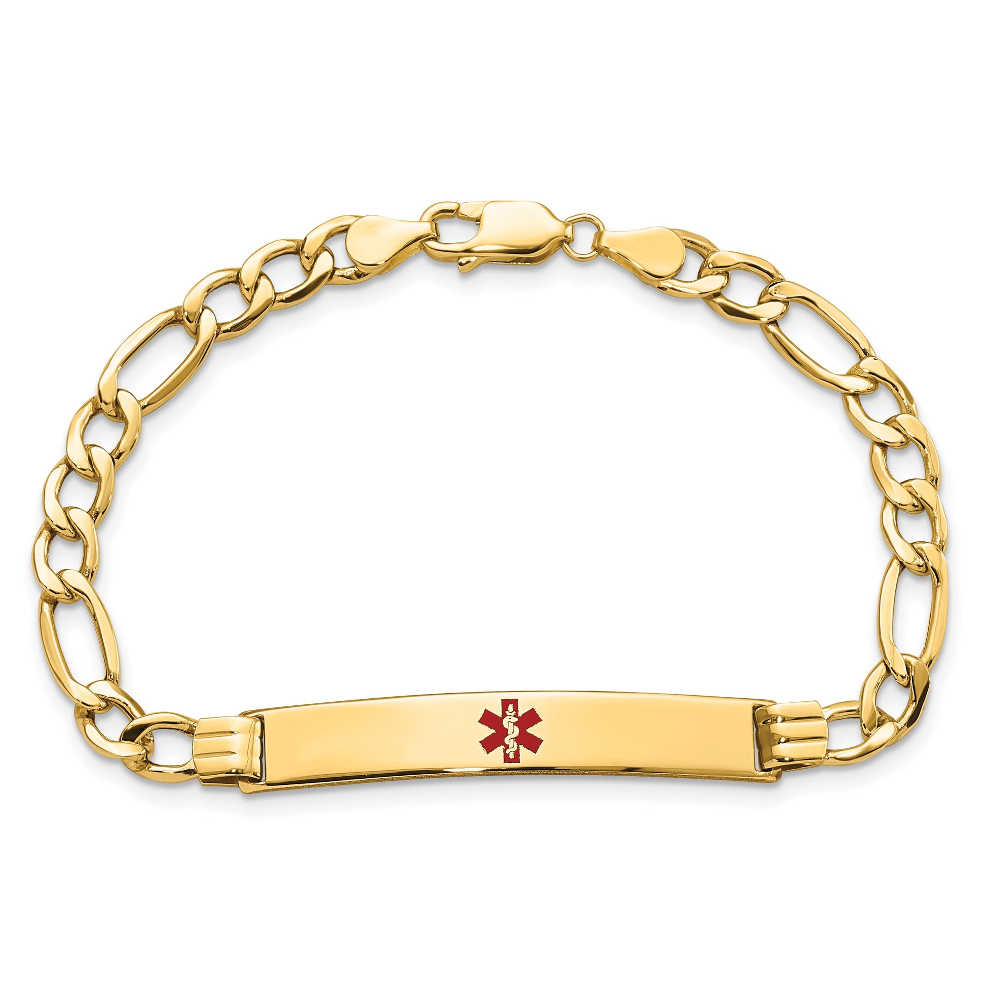 14K Medical Semi-Solid Chain/Solid Plate 37x6mm Centered Red Enamel Figaro Link 8 inch ID Bracelet