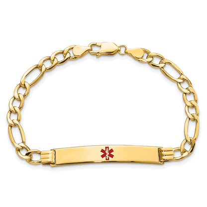 14K Medical Semi-Solid Chain/Solid Plate 37x6mm Centered Red Enamel Figaro Link 7 inch ID Bracelet