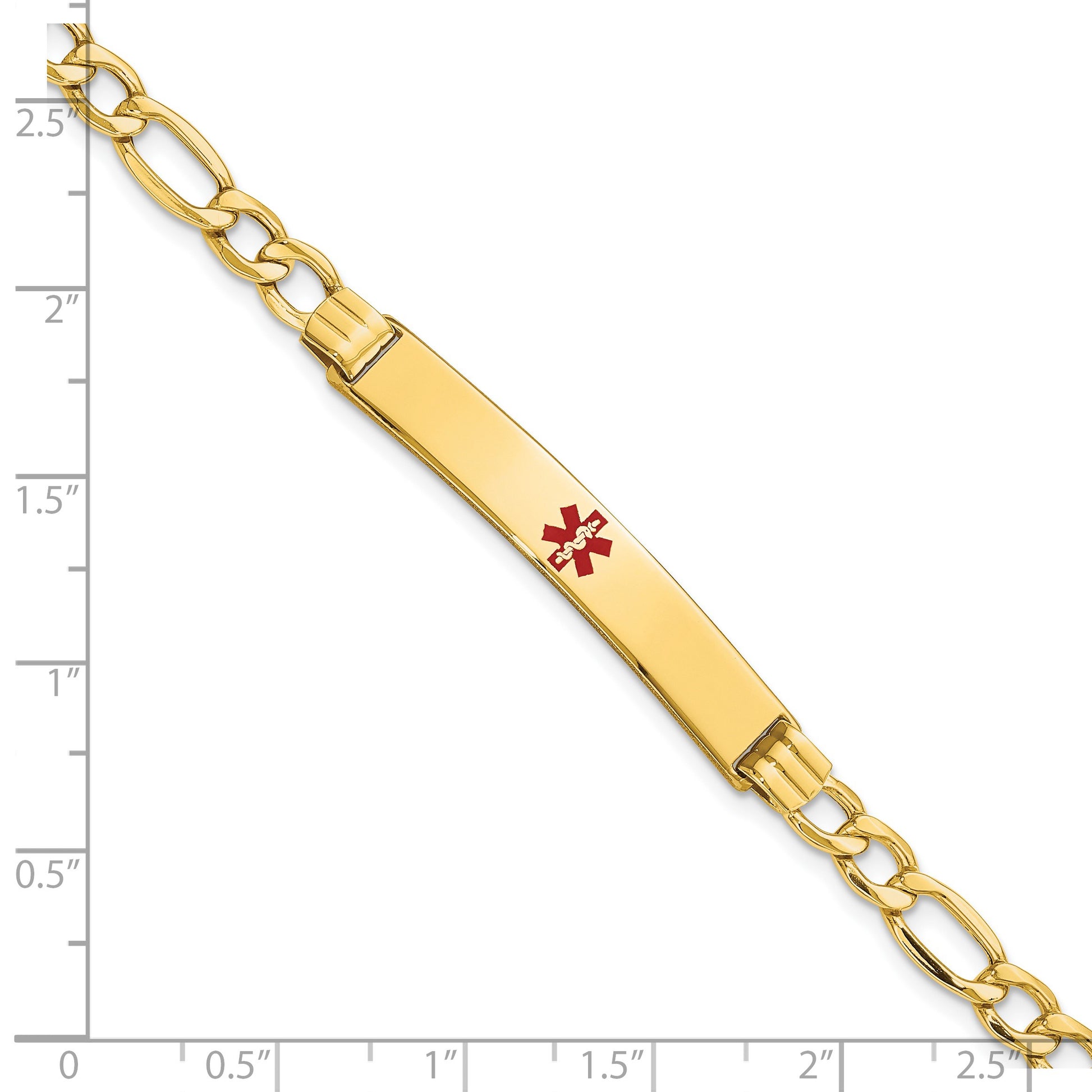 14K Medical Semi-Solid Chain/Solid Plate 37x6mm Centered Red Enamel Figaro Link 8 inch ID Bracelet
