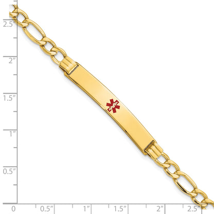 14K Medical Semi-Solid Chain/Solid Plate 37x6mm Centered Red Enamel Figaro Link 8 inch ID Bracelet