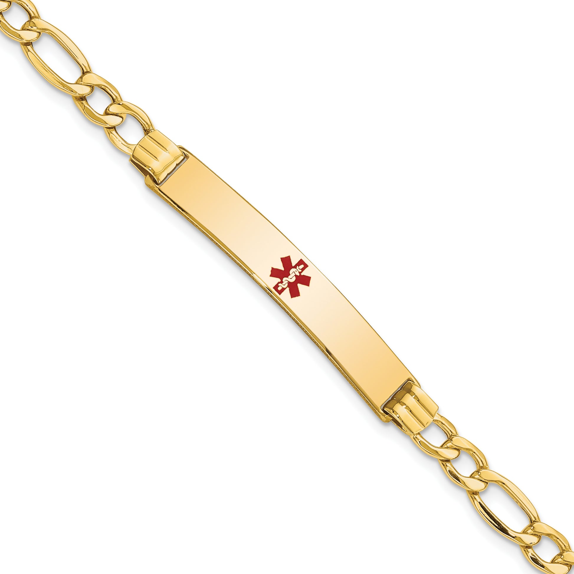 14K Medical Semi-Solid Chain/Solid Plate 37x6mm Centered Red Enamel Figaro Link 8 inch ID Bracelet