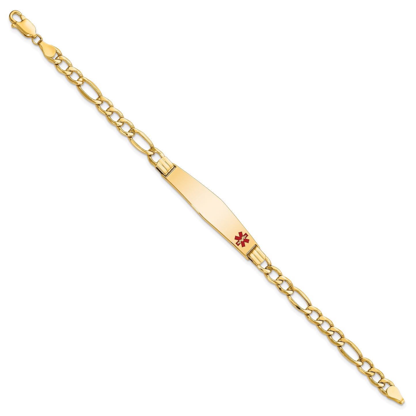 14K Medical Semi-Solid Chain/Solid Plate Soft Diamond Shape 37x9mm Off-Center Red Enamel Figaro Link 7 inch ID Bracelet