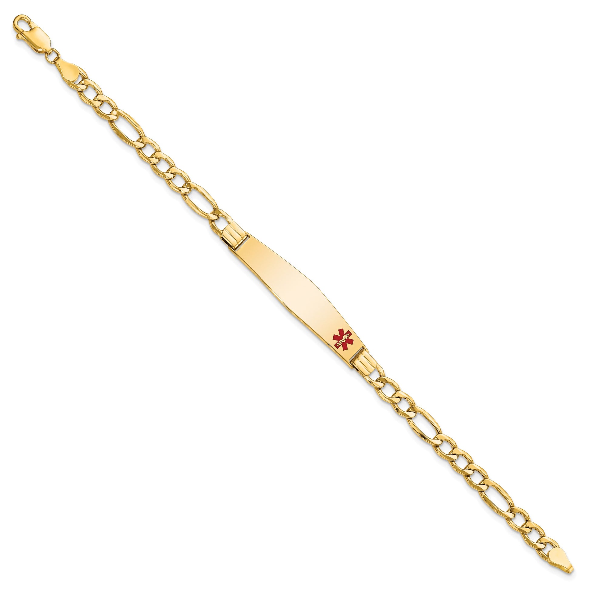 14K Medical Semi-Solid Chain/Solid Plate Soft Diamond Shape 37x9mm Off-Center Red Enamel Figaro Link 7 inch ID Bracelet
