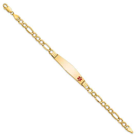 14K Medical Semi-Solid Chain/Solid Plate Soft Diamond Shape 37x9mm Off-Center Red Enamel Figaro Link 7 inch ID Bracelet