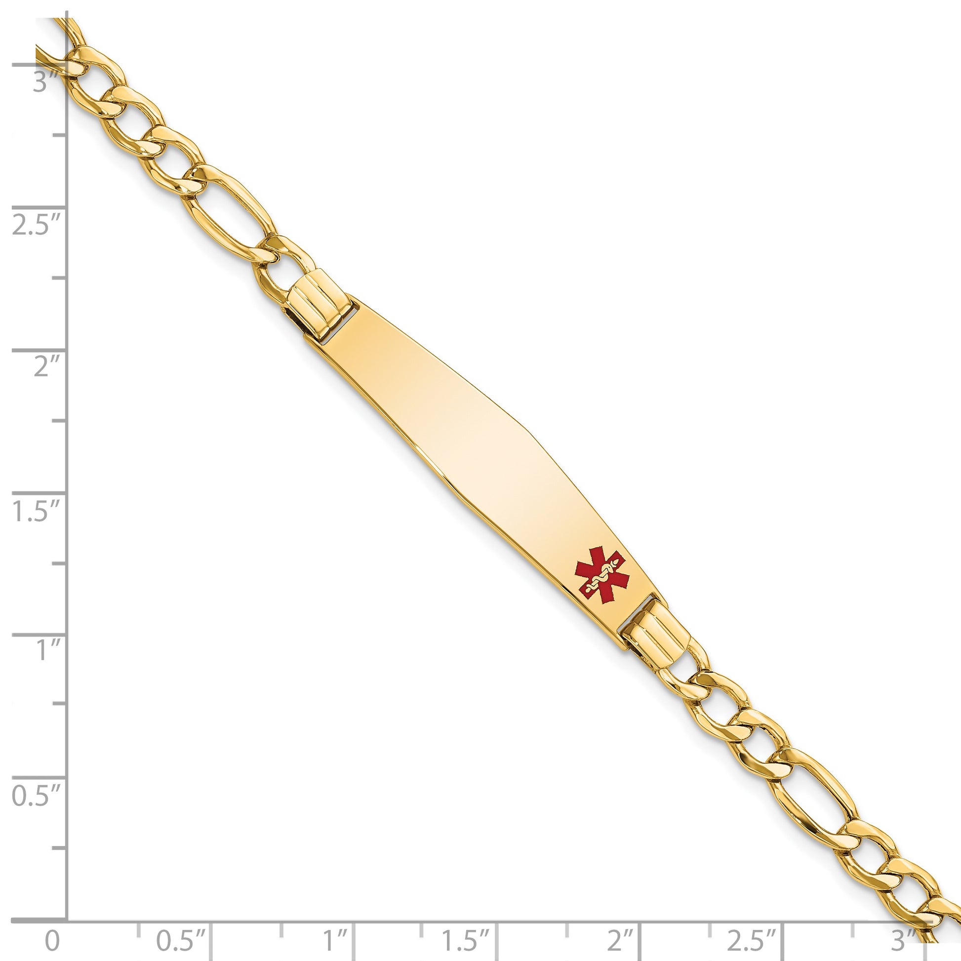 14K Medical Semi-Solid Chain/Solid Plate Soft Diamond Shape 37x9mm Off-Center Red Enamel Figaro Link 7 inch ID Bracelet