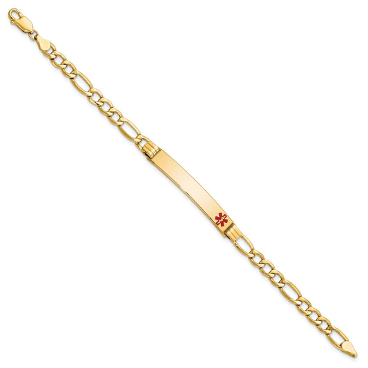 14K Medical Semi-Solid Chain/Solid Plate 37x6mm Off-Center Red Enamel Figaro Link 7 inch ID Bracelet