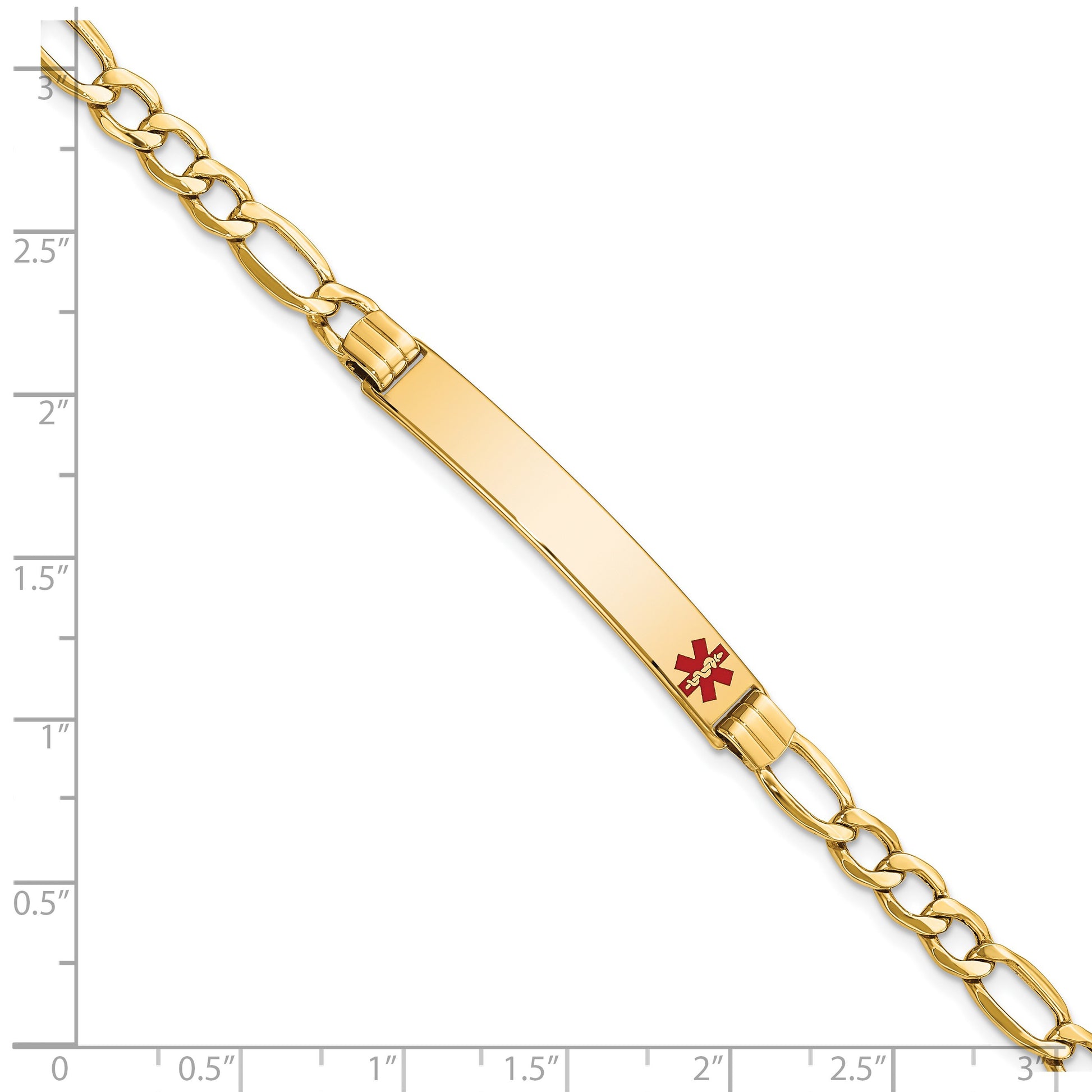 14K Medical Semi-Solid Chain/Solid Plate 37x6mm Off-Center Red Enamel Figaro Link 8 inch ID Bracelet