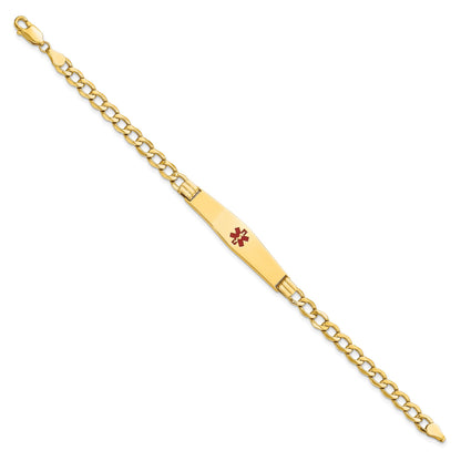 14K Medical Semi-Solid Chain/Solid Plate Soft Diamond Shape 37x9mm Centered Red Enamel Curb Link 8 inch ID Bracelet