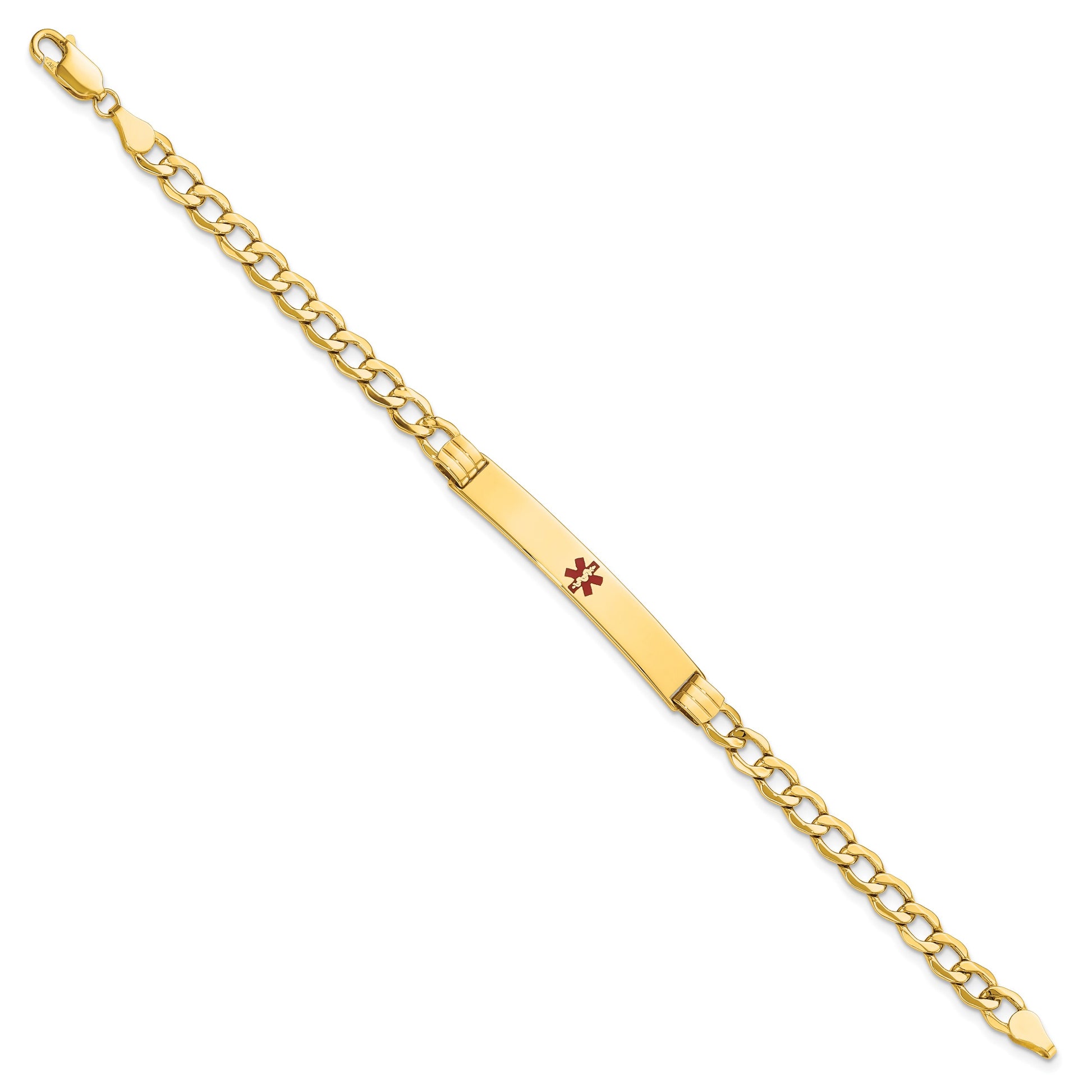 14K Medical Semi-Solid Chain/Solid Plate 37x6mm Centered Red Enamel Cuban Link 7 inch ID Bracelet