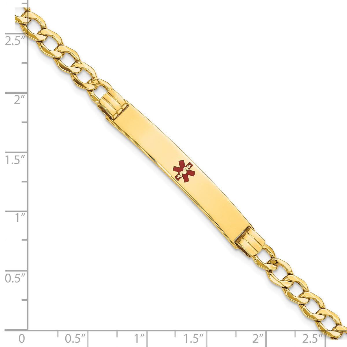 14K Medical Semi-Solid Chain/Solid Plate 37x6mm Centered Red Enamel Cuban Link 8 inch ID Bracelet