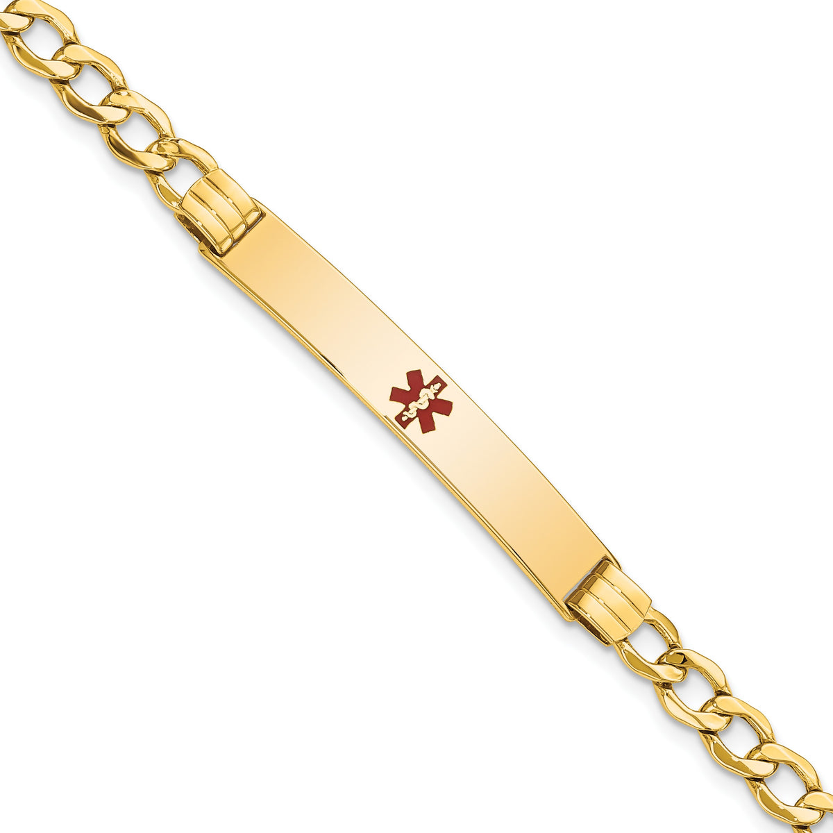 14K Medical Semi-Solid Chain/Solid Plate 37x6mm Centered Red Enamel Cuban Link 8 inch ID Bracelet