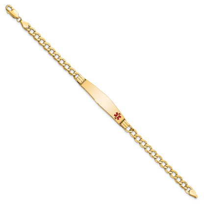 14K Medical Semi-Solid Chain/Solid Plate Soft Diamond Shape 37x9mm Off-Center Red Enamel Cuban Link 7 inch ID Bracelet
