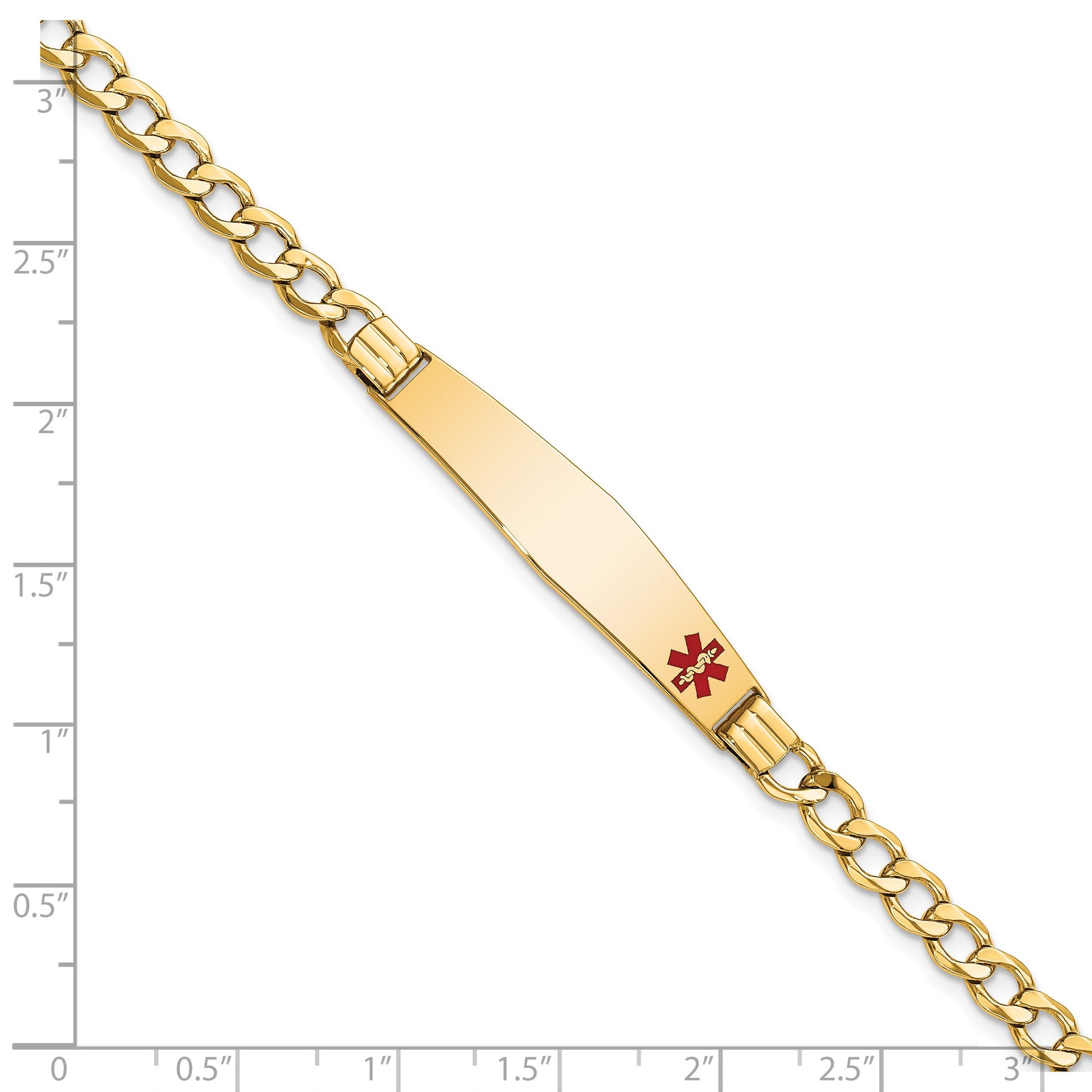 14K Medical Semi-Solid Chain/Solid Plate Soft Diamond Shape 37x9mm Off-Center Red Enamel Cuban Link 8 inch ID Bracelet