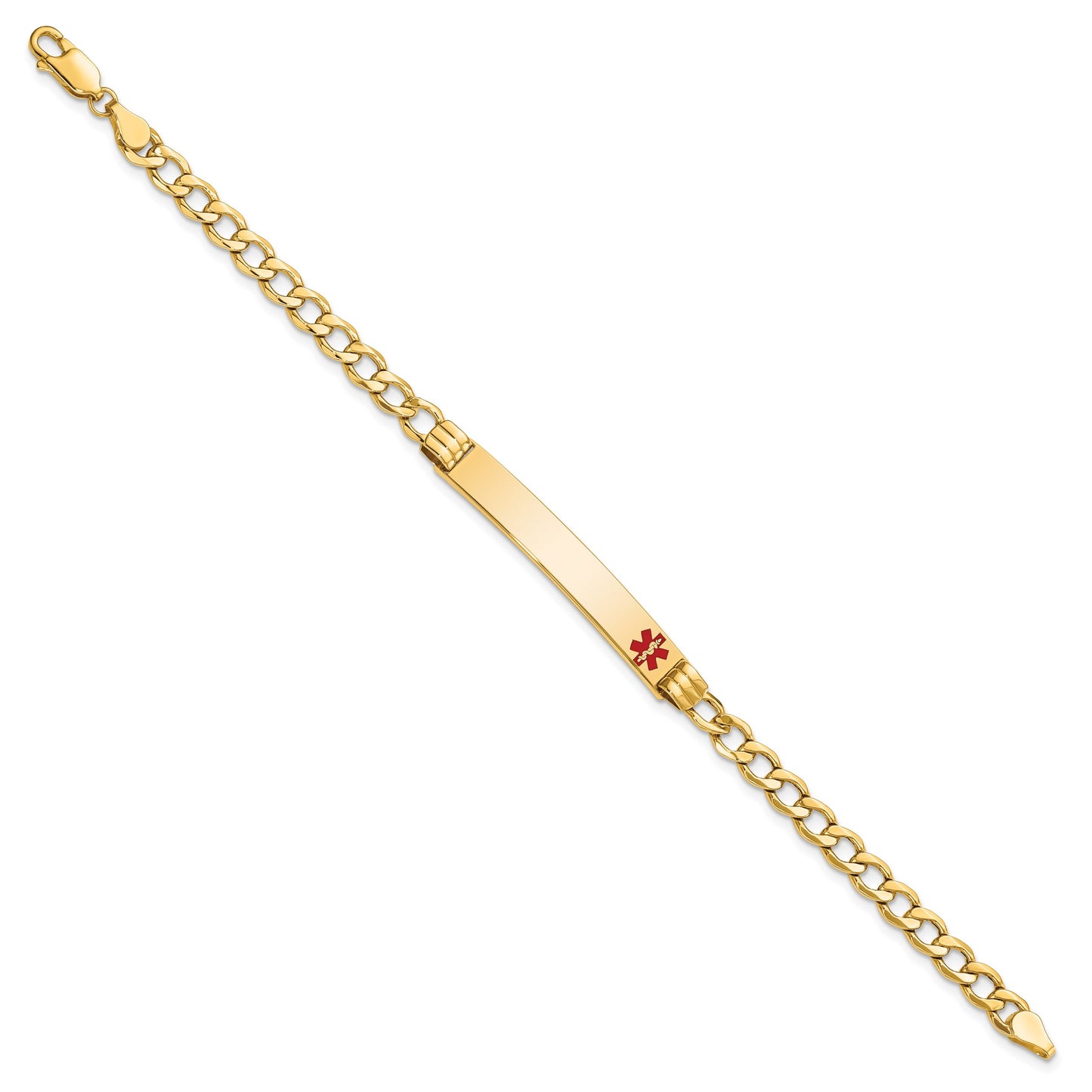 14K Medical Semi-Solid Chain/Solid Plate 37x6mm Off-Center Red Enamel Cuban Link 8 inch ID Bracelet