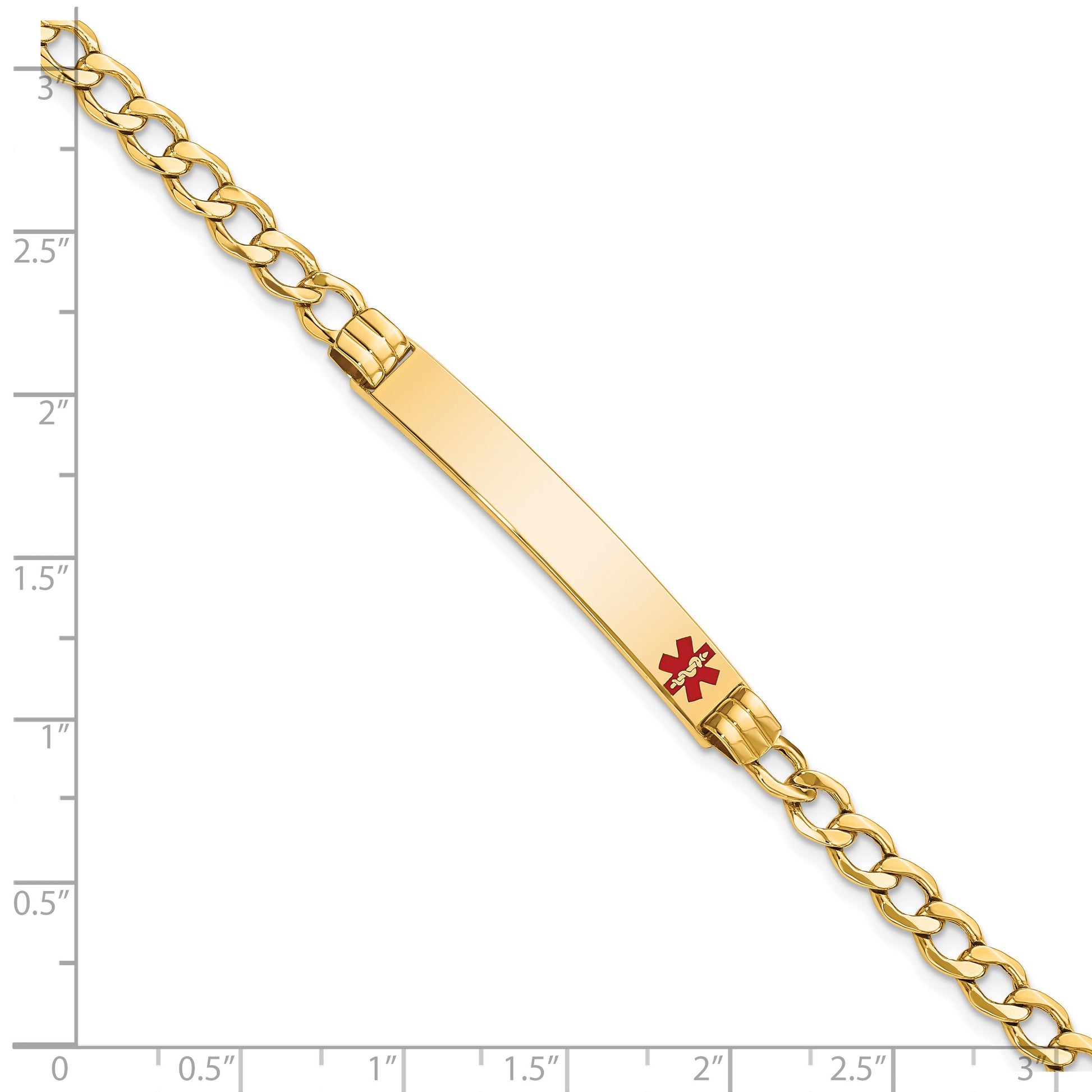 14K Medical Semi-Solid Chain/Solid Plate 37x6mm Off-Center Red Enamel Cuban Link 8 inch ID Bracelet