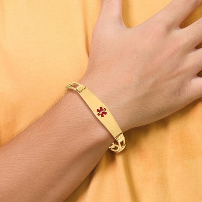 14K Medical Solid Chain/Solid Plate Soft Diamond Shape 36x9mm Centered Red Enamel Figaro Link 8 inch ID Bracelet