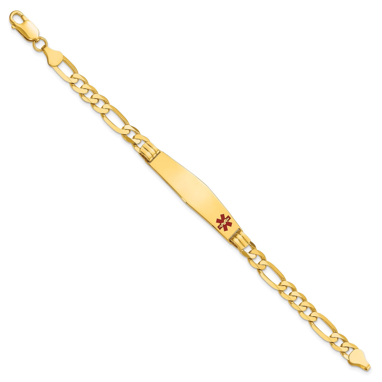 14K Medical Solid Chain/Solid Plate Soft Diamond Shape 38x9mm Off-Center Red Enamel Figaro Link 7 inch ID Bracelet