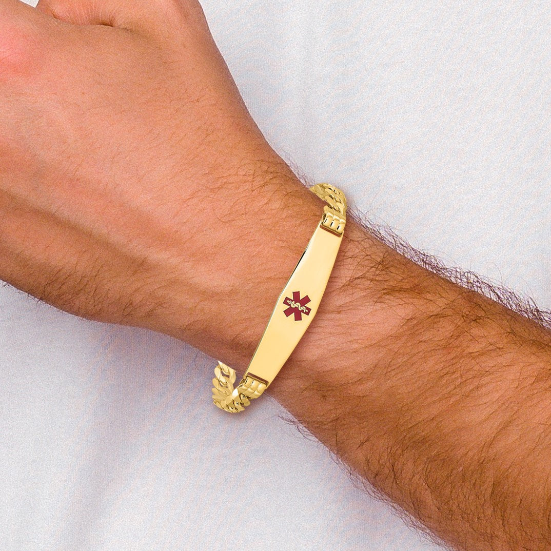 14K Medical Solid Chain/Solid Plate Soft Diamond Shape 37x9mm Centered Red Enamel Curb Link 8 inch ID Bracelet