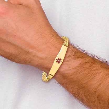 14K Medical Solid Chain/Solid Plate Soft Diamond Shape 37x9mm Centered Red Enamel Curb Link 8 inch ID Bracelet