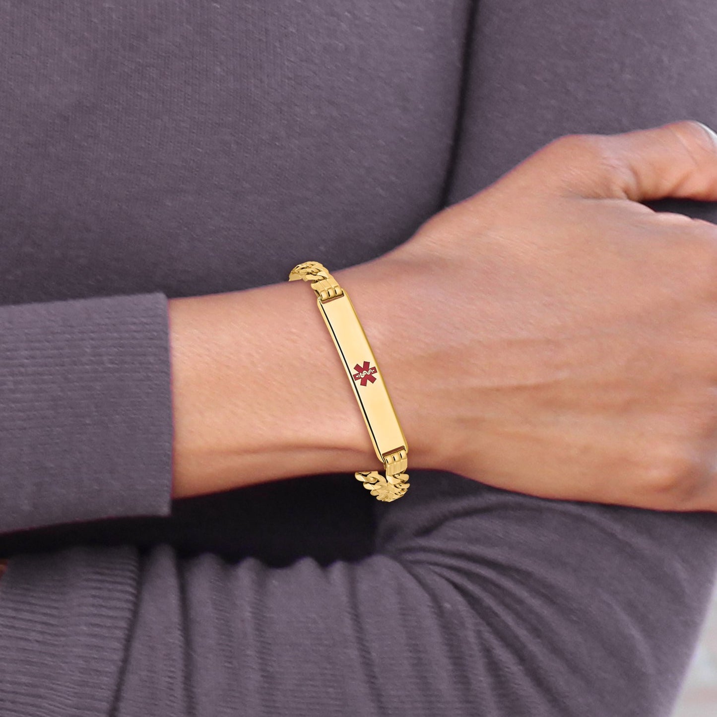 14K Medical Solid Chain/Solid Plate 38x8mm Centered Red Enamel Curb Link 8 inch ID Bracelet