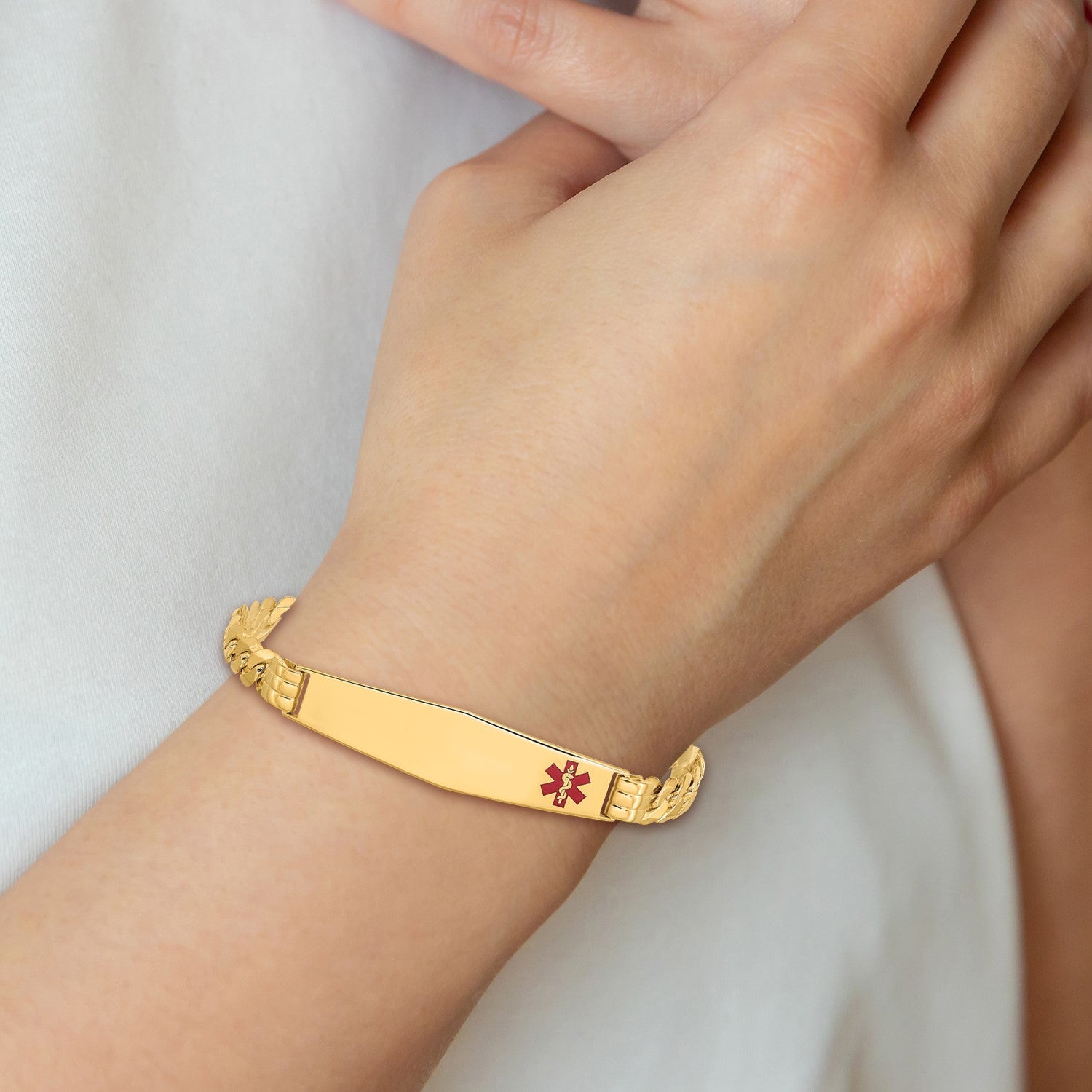 14K Medical Solid Chain/Solid Plate Soft Diamond Shape 38x9mm Off-Center Red Enamel Curb Link 8 inch ID Bracelet