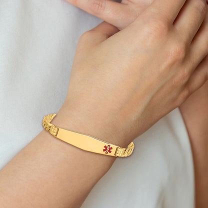 14K Medical Solid Chain/Solid Plate Soft Diamond Shape 38x9mm Off-Center Red Enamel Curb Link 8 inch ID Bracelet