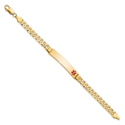 14K Medical Solid Chain/Solid Plate 38x8mm Off-Center Red Enamel Curb Link 8 inch ID Bracelet